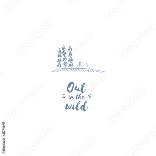 Outdoor camping adventure vector symbol with hand drawn title. Symbol of vacation, camping, leisure, wilderness, wanderlust.