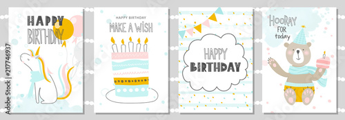 Set of Birthday greeting cards and party invitation templates with cute unicorn, bear and cake. Vector illustration
