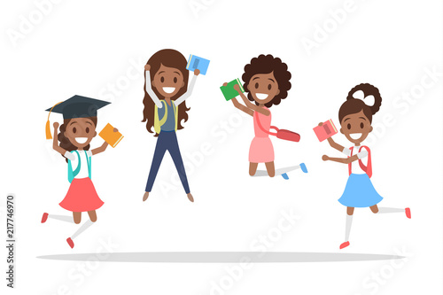 Set of cute little jumping school kids