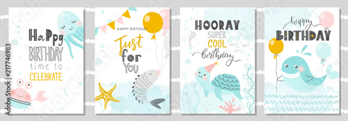 Set of Birthday greeting cards and party invitation templates with cute crab, octopus, fish, turtle and whale. Vector illustration.