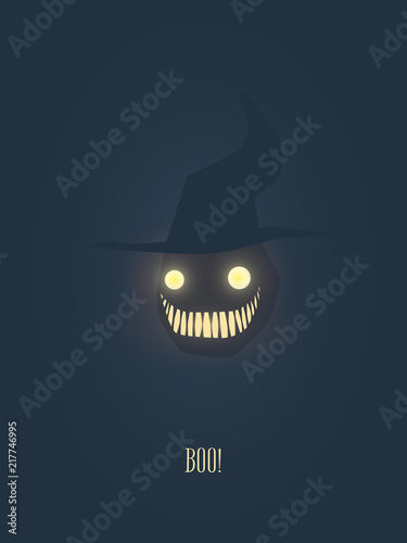 Halloween vector illustration with monster face and hat. Eyes and evil smile glowing in the dark. Card or party invitation template.