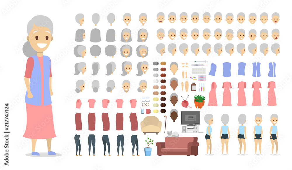 Obraz premium Old woman character set for animation