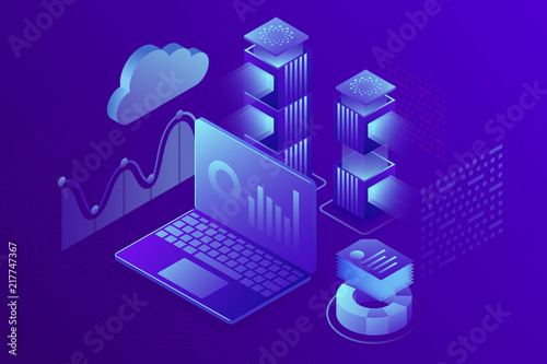 Concept business analytics, strategy of data financial graphs or diagrams. Financial review, Analysis data and Investment. 3d isometric illustration.