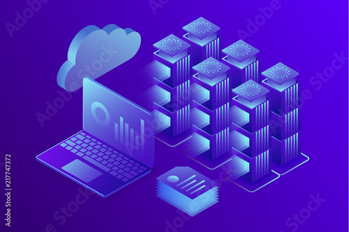 Concept business analytics, data center or hosting server room background. Computer storage workstation. 3d isometric illustration.