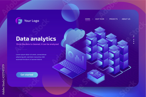 Concept business analytics of data financial graphs or diagrams, landing page template. Financial review with laptop. 3d isometric illustration.