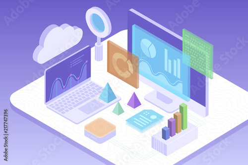 Concept business analytics, strategy of data financial graphs or diagrams. Financial review, Analysis data and Investment. 3d isometric illustration.