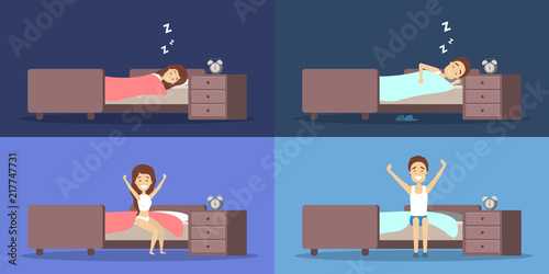 Set of woman and man sleeping and waking up