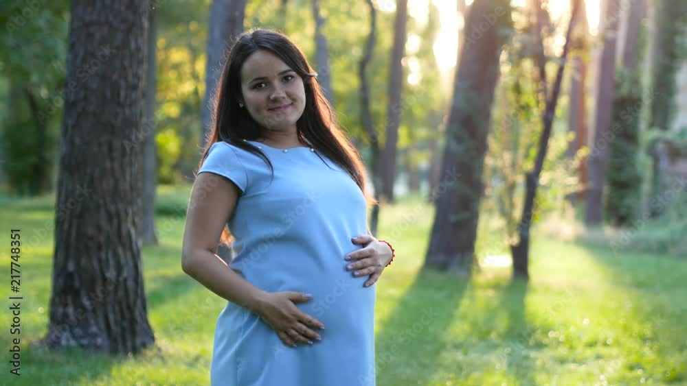Young pregnant woman with brown hair and blue dress smiling Young pregnant woman with brown hair and blue dress smiling