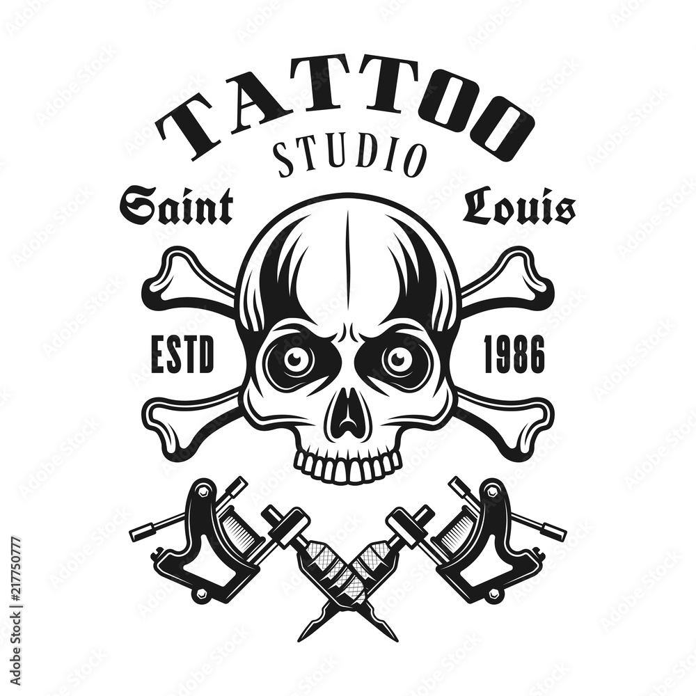 Fototapeta premium Tattoo studio vector emblem with skull and bones