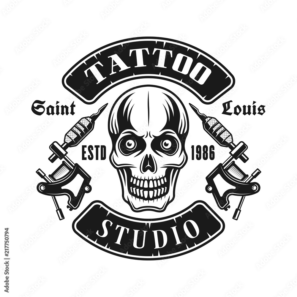 Fototapeta premium Skull and tattoo electric machines vector emblem