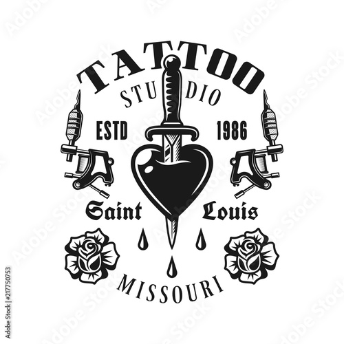 Tattoo studio vector emblem, heart pierced knife