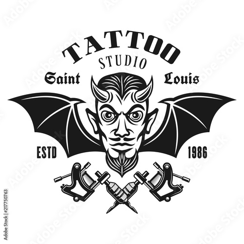 Tattoo studio vector emblem with horned devil head