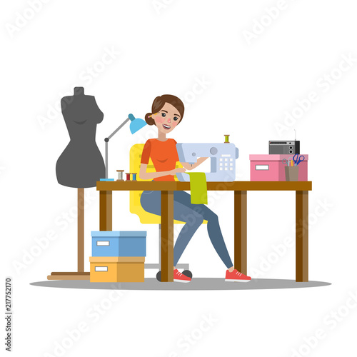 Female dressmaker sewing dress