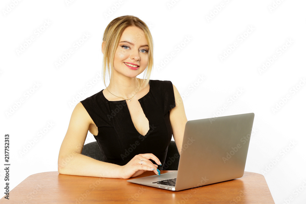 Girl businesswoman working behind laptop, computer isolated on white background Girl businesswoman working behind laptop, computer isolated on white background