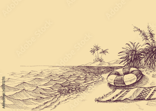 Beach and sea drawing. Beach towel and life buoy in the sand