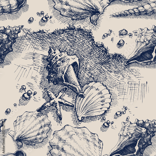 Beach seamless pattern. Sand and sea shells monochrome graphic design