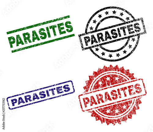 PARASITES seal prints with corroded surface. Black, green,red,blue vector rubber prints of PARASITES label with corroded texture. Rubber seals with circle, rectangle, rosette shapes.