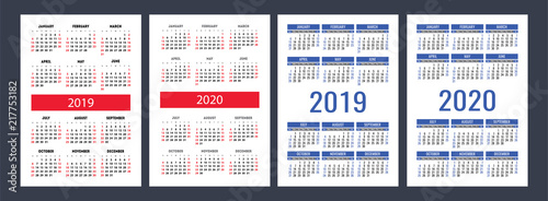 Calendar 2019, 2020 years. Basic vector set. Week starts on Sunday. Design template