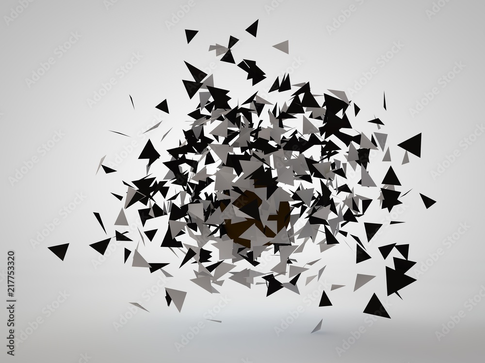 3D illustration of a geometric figure, a square and a pyramid, in a cloud of flying fragments. Abstract image. 3D rendering on white background, isolated 3D illustration of a geometric figure, a square and a pyramid, in a cloud of flying fragments. Abstract image. 3D rendering on white background, isolated