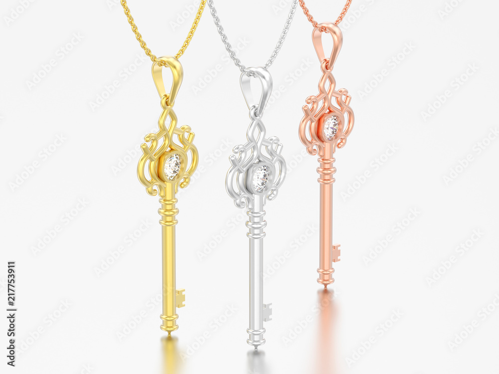 3D illustration three different gold decorative keys necklaces on chains with diamonds 3D illustration three different gold decorative keys necklaces on chains with diamonds