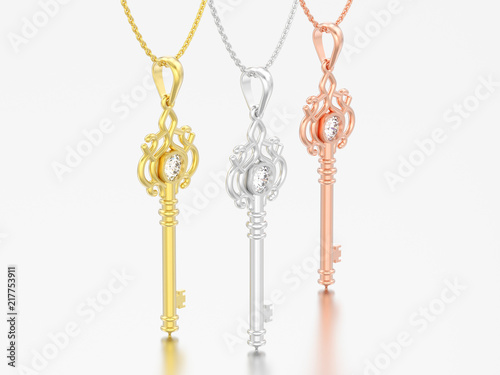 3D illustration three different gold decorative keys necklaces on chains with diamonds