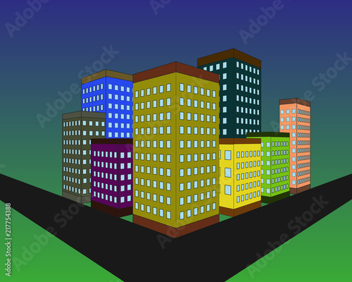 Building silhouette in the evening. Modern city design. Buildings on the blue dark sky background. Vector illustration.