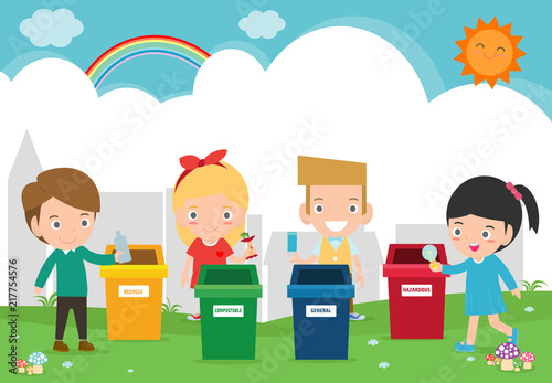 Children collect rubbish for recycling, Kids Segregating Trash, Save the World,Template for advertising brochure, Boy and girl recycling poster Vector Illustration