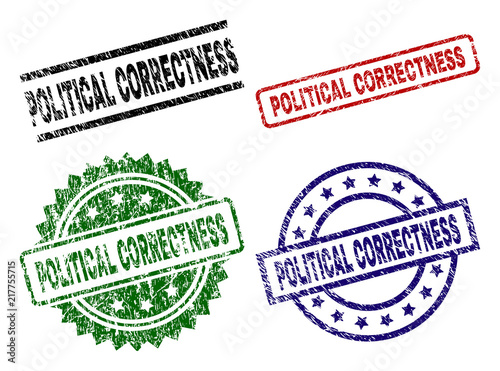 POLITICAL CORRECTNESS seal prints with damaged style. Black, green,red,blue vector rubber prints of POLITICAL CORRECTNESS caption with scratched style. Rubber seals with circle, rectangle,