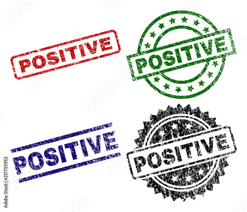 POSITIVE seal prints with distress surface. Black, green,red,blue vector rubber prints of POSITIVE title with grunge surface. Rubber seals with round, rectangle, medallion shapes.