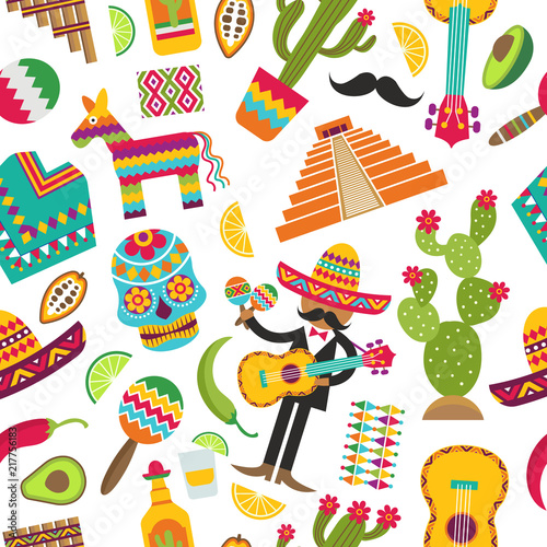 Mexican seamless pattern. Colored pictures of various mexican symbols
