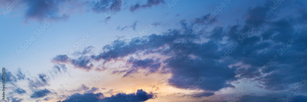 Vibrant panorama sunset sky on twilight time. Beautiful cirrus cloud. Panoramic image - obrazy, fototapety, plakaty 