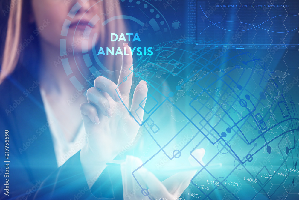 The concept of business, technology, the Internet and the network. A young entrepreneur working on a virtual screen of the future and sees the inscription: Data analysis