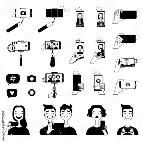 Black pictures of people making selfie and various tools for self photo