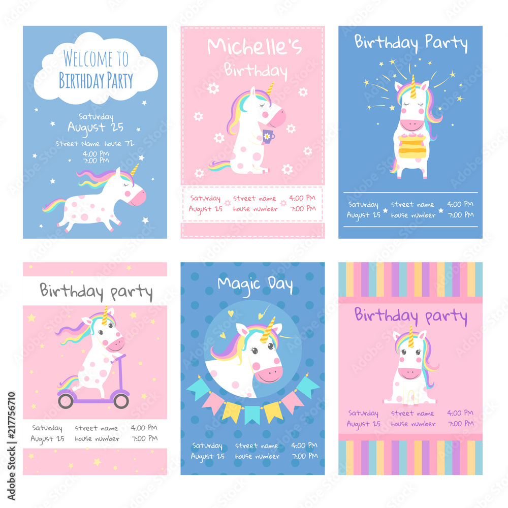 Fototapeta Cards invitations. Design template cards with pictures of cute unicorns
