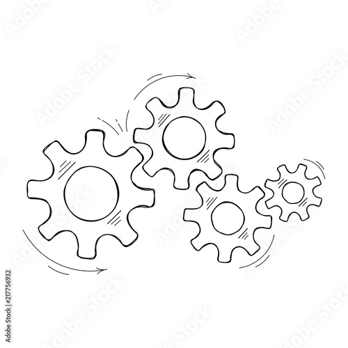 Mechanical cogs technology vector sketch. Cooperation concept design element with hand drawn cog and gear signify people commucnication. Cogwheel illustration for web element or modern background