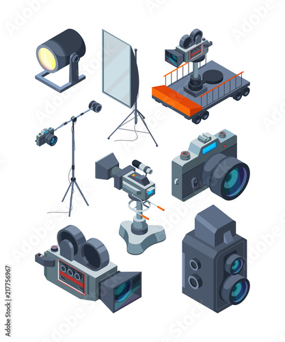 Photo video cameras. Various equipment of video or photo studio