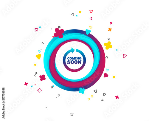 Coming soon sign icon. Promotion announcement symbol. Colorful button with icon. Geometric elements. Vector