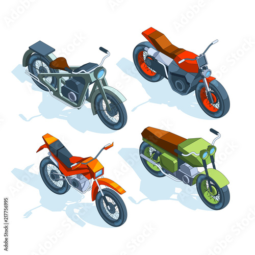 Sport bikes isometric. 3D pictures of various motorcycles
