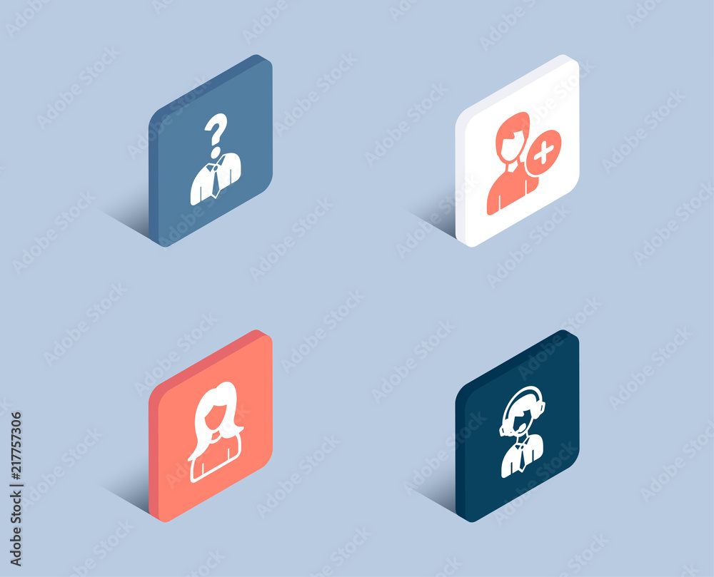 Set of Hiring employees, Add person and Woman icons. Shipping support sign. Human resources, Edit user data, Girl profile. Delivery manager. 3d isometric buttons. Flat design concept. Vector Set of Hiring employees, Add person and Woman icons. Shipping support sign. Human resources, Edit user data, Girl profile. Delivery manager. 3d isometric buttons. Flat design concept. Vector