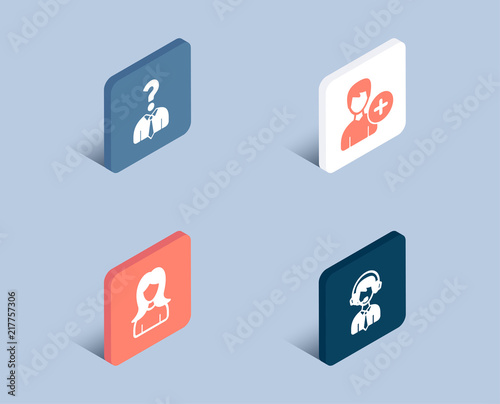 Set of Hiring employees, Add person and Woman icons. Shipping support sign. Human resources, Edit user data, Girl profile. Delivery manager.  3d isometric buttons. Flat design concept. Vector