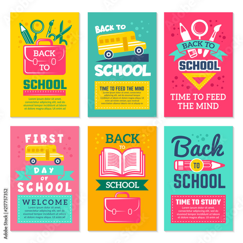 Cards with schools symbols. Back to school cards template isolate