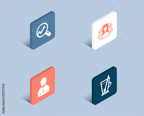 Set of Women group, Analytics and Human icons. Tea mug sign. Lady service, Audit analysis, Person profile. Cup with teaspoon. 3d isometric buttons. Flat design concept. Vector