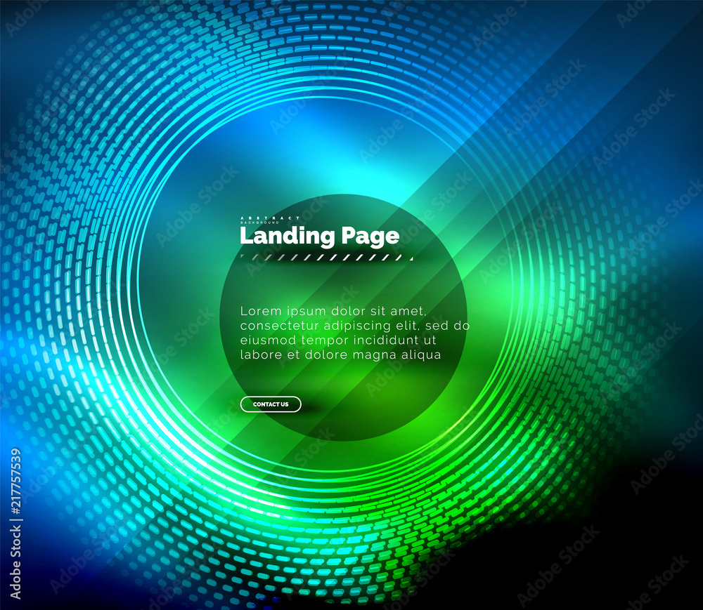 Neon glowing techno lines, hi-tech futuristic abstract background template with circles, landing page template Neon glowing techno lines, hi-tech futuristic abstract background template with circles, landing page template