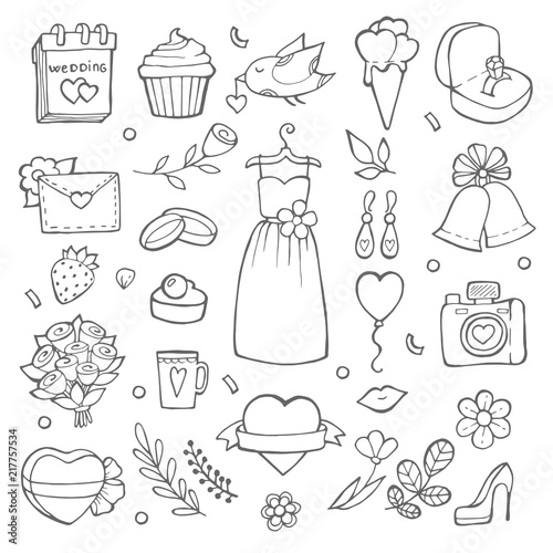 Wedding day icons. Various pictures of brides and wedding tools