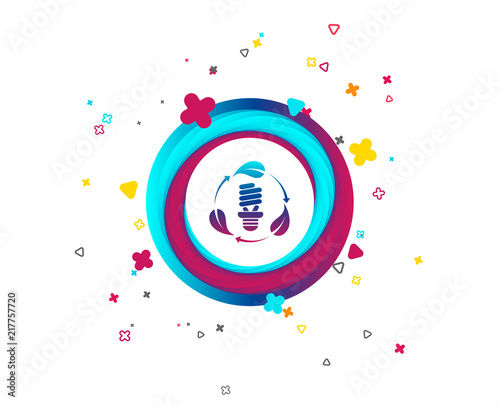 Fluorescent lamp bulb with leaves sign icon. Energy saving. Economy symbol. Colorful button with icon. Geometric elements. Vector