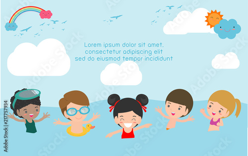 Happy kids play and swim at the sea. Happy Holiday on the beach, Happy children on the beach,Template for advertising brochure,your text, Kids and frame,child and frame,Vector Illustration