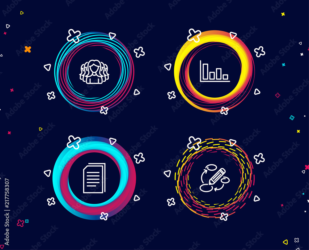 Set of Histogram, Copy files and Women group icons. Keywords sign. Economic trend, Copying documents, Lady service. Marketing strategy.  Circle banners with line icons. Gradient colors shapes. Vector - obrazy, fototapety, plakaty 