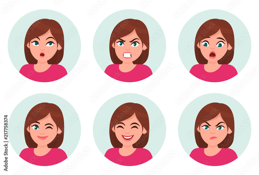 Set of girl/woman facial emotions. Different female emotions set. Woman emoji character with different expressions. Set of girl/woman facial emotions. Different female emotions set. Woman emoji character with different expressions.
