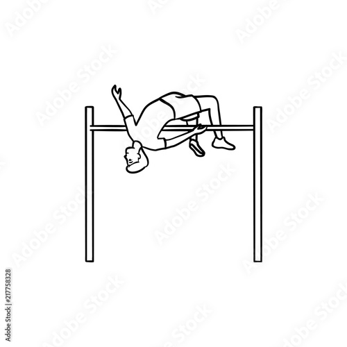 Athlete performing high jump over bar hand drawn outline doodle icon. High jump, athletics achievement concept. Vector sketch illustration for print, web, mobile and infographics on white background.