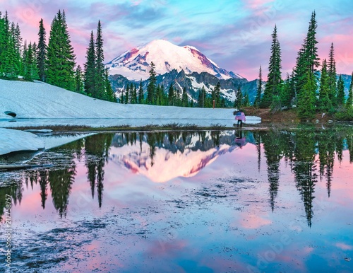 sunrise at Tipsoo Lake Mt Rainier National Park photo